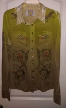 Butterfly Dropout Green Pearl Snap Top L Deer Floral Cherubs Hearts Long... - £29.13 GBP