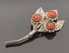 925 Silver - Vintage Cabochon Citrine Flower &amp; Leaf Bouquet Brooch Pin - BP10268 - $86.33