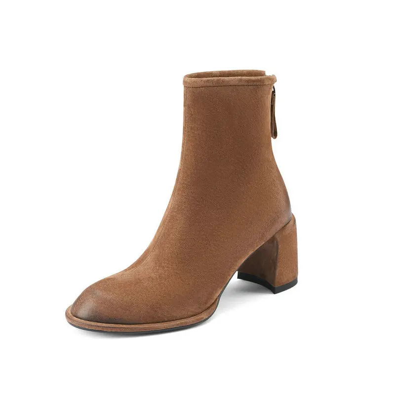  2023 round toe pigskin fashion women ankle boots all match square high heel sexy boots thumb200