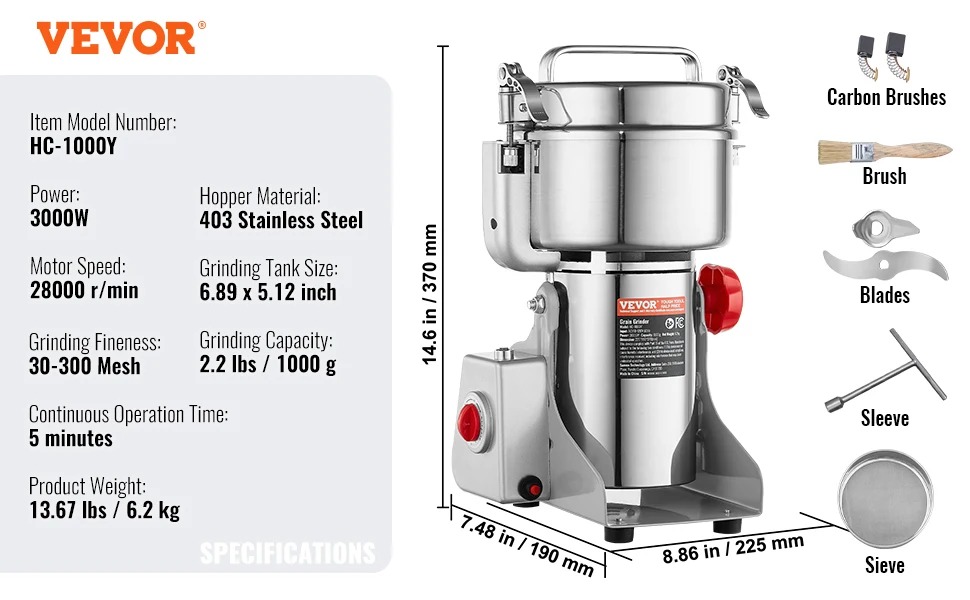 VEVOR 150 2500g Electric Grain Mill Grinder Commercial Swing 1000g 2400w... - $140.94