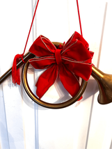 French horn Christmas decor, gold horns with removable bow - $34.65