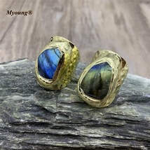 Wholesale Gold Natural Flash Labradorite Stone Adjusable Rings For Women Jewelry - £55.11 GBP