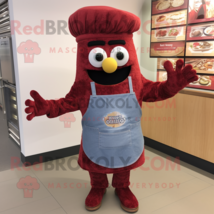 Maroon Paella mascot costume character dressed with a Denim Shorts and Mittens - £995.17 GBP