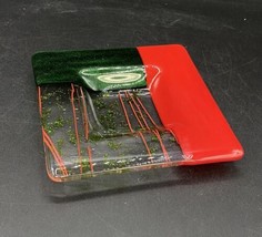 Fused Art Glass Trinket Dish Glitter Dichroic Green &amp; Red 6” Square ￼ - £15.81 GBP