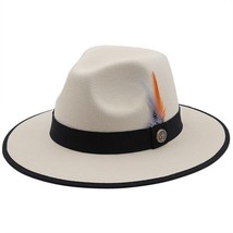 New Men’s Beige &amp; Black  Fedora Wool Feather Dress Hat (Size 56-58CM) - $30.69