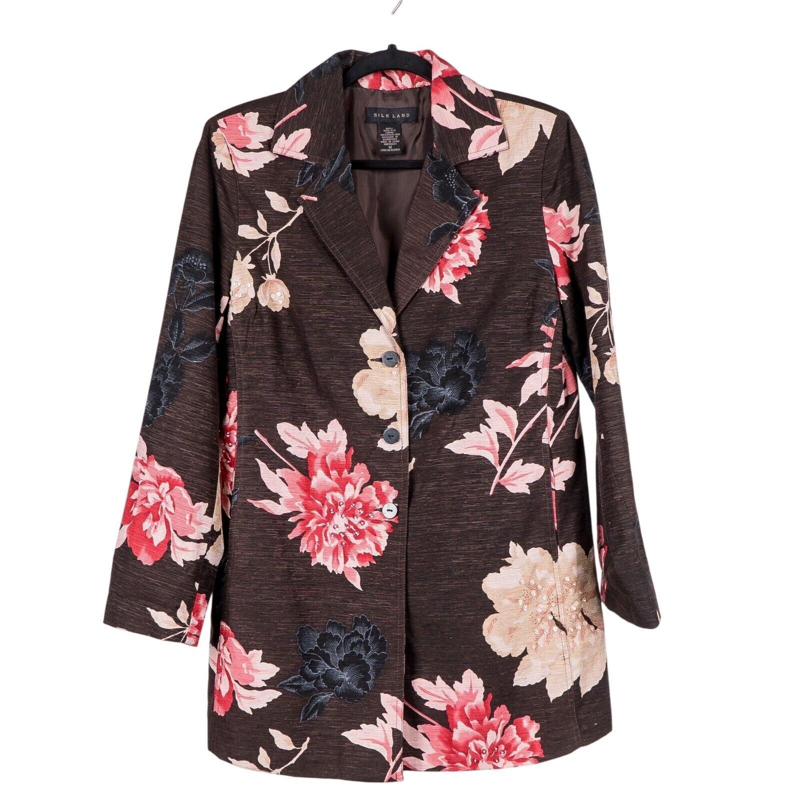 Primary image for Silk Land Blazer M Womens Silk Floral Brown Pink Long Jacket Collar Buttons