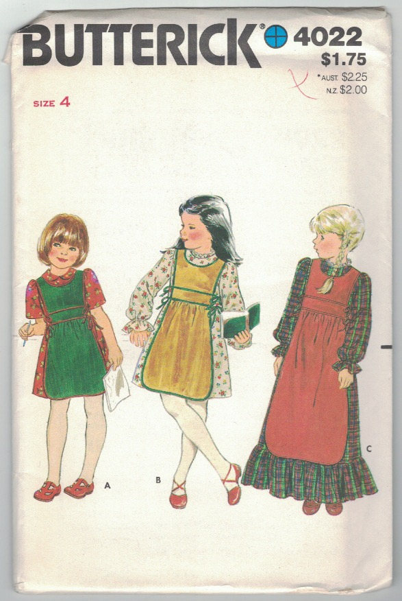 Vintage 70s Butterick 4022 Girl's Dress + Side Tie Pinafore Apron Choose Size - $7.99