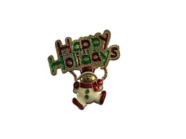 Happy Holidays Swinging Snowman Christmas Brooch Pin White Red Green Enamel - £9.55 GBP