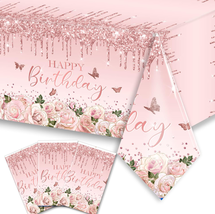Pink Rose Gold Tablecloth Decoration - 3 PCS Happy Birthday Tablecloth Disposabl - £19.72 GBP