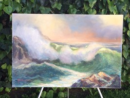 KAY NEWGORD &quot;Sunset Breaker&quot; Original Mid Century Modern Oil on Canvas Seascape - £223.81 GBP