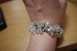 Vtg 30s Art Deco Aurora Borealis Glass Crystal Beads Flex Stretch Cuff B... - £29.40 GBP