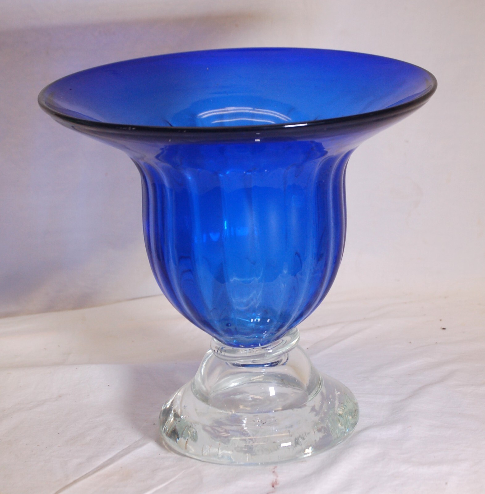 Cobalt Blue Glass Fruit Bowl Ribbed Sides Clear Base - $89.09
