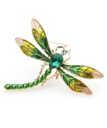 CUTE DRAGONFLY PIN 2&quot; Gold Green Yellow Enamel Brooch Rhinestone Insect ... - £7.95 GBP