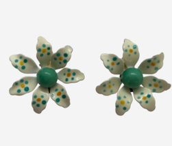 Vintage WESTERN GERMANY Enamel Flower Clip Earrings Colorful Green Hippy Retro - £15.52 GBP