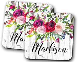 Name Coaster, Personalized Coaster Set, Custom Wedding Gift, Floral Coasters, Pe - £3.94 GBP