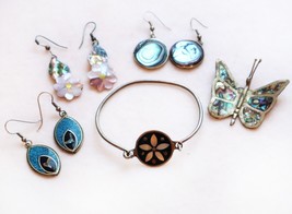 Vintage ALPACA Mexico Jewelry Lot Inlaid Gemstone Butterfly Turquoise Abalone - £31.53 GBP
