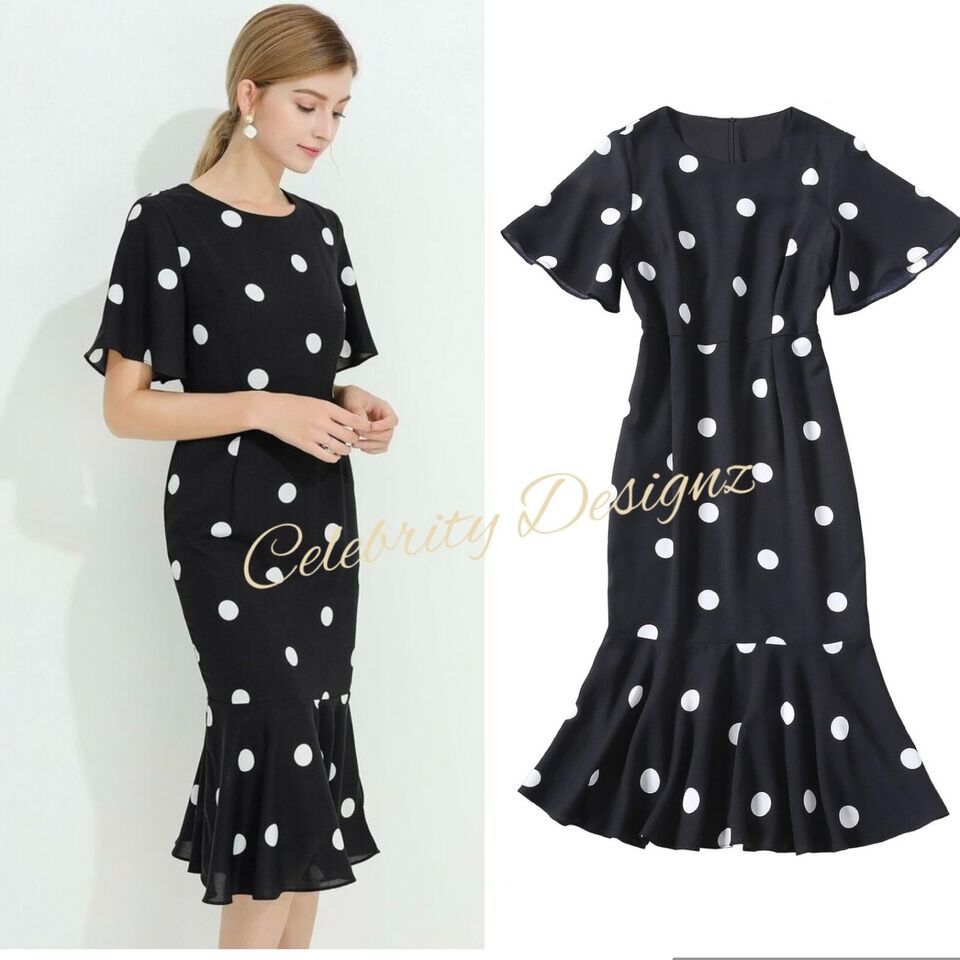 Women's Designer Polka Dot Print Flutter Sleeve Fishtail Midi Dress 6 8 AU STOCK Item image 2