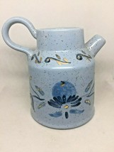 Light Blue Ceramic Creamer Gold Accents Hand Painted Pottery Handle Signed DW 74 - $16.95