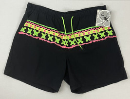 Vintage OP Ocean Pacific Men&#39;s XL Swim Trunks Black Neon Nylon Drawstring Waist - £53.14 GBP