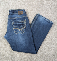 BKE Jeans Men 36x32 Blue Denim CARTER Bootcut Thick Stitch Whiskered Buckle - $34.99