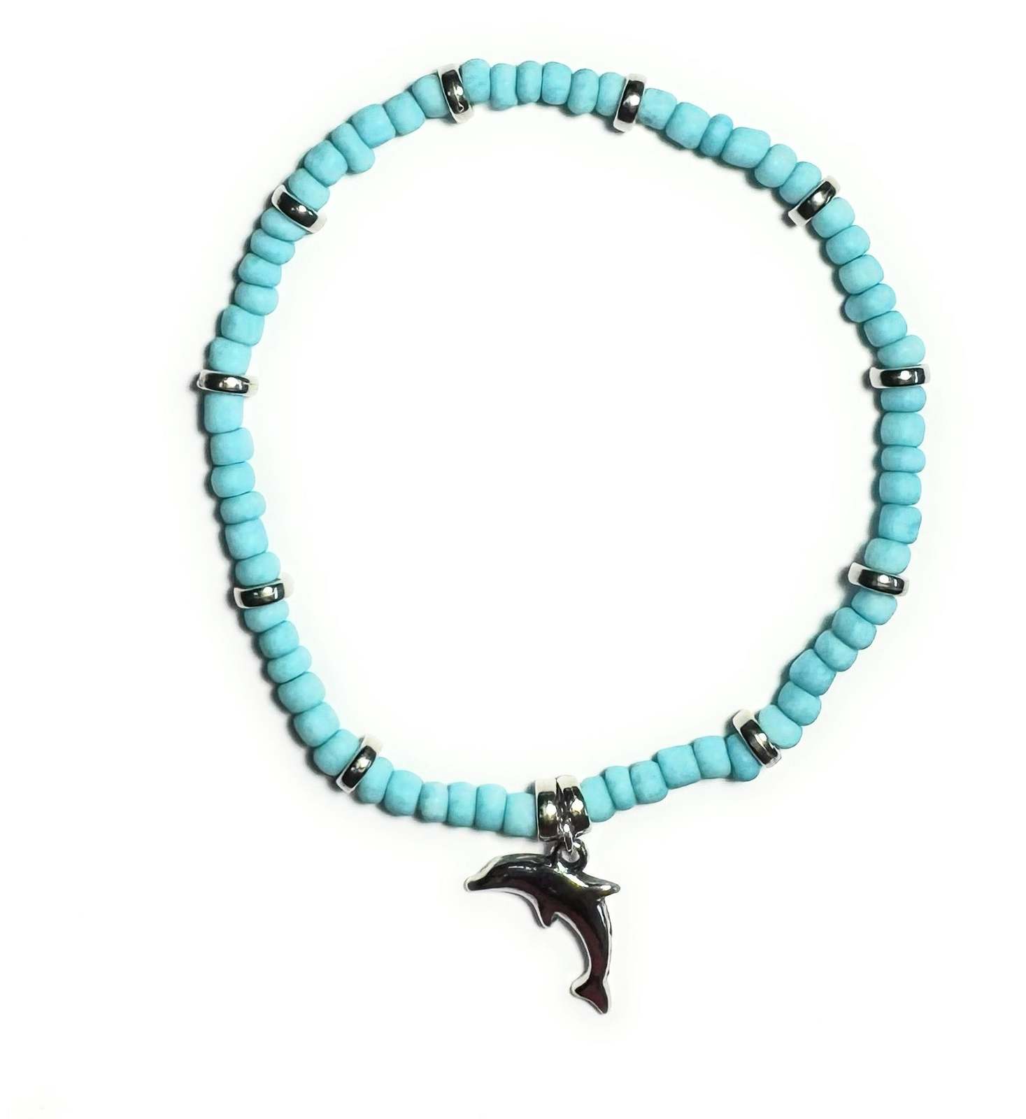 Light Blue Glass Beaded Stretchy Anklet with Dolphin Charm - $5.99