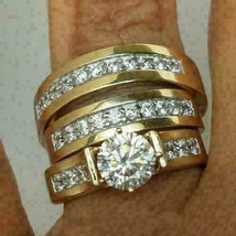 2.60Ct Round Real Moissanite His-Her Trio Ring Set Band 14K Yellow Gold Plated  - £134.35 GBP