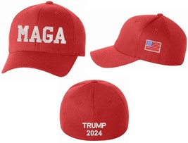 Trump 2024 Hat MAGA with Trump 2024 and Side USA Flag Flex Fit Red or Black Hat - £21.52 GBP