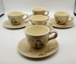 Vintage Red Wing Pottery Bob White Quail Cups and Saucers set 5 Mid Century USA - £14.70 GBP