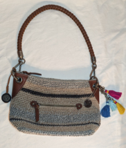 The Sak Crocheted Hobo Purse Bag Tan Beige Brown Stripe Boho Tassel Tag EUC - £15.17 GBP