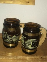 Vintage Lot of 2 Brown Glass w Wood Handles ARIZONA &amp; Texas Travel Souvenir Beer - £11.94 GBP