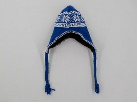 WINTER WOVEN YOUTH HAT UNISEX EAR COVER BLUE &amp; CREAM SNOWFLAKE PATTERN GUC - $3.99