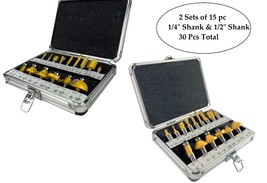 30 Piece Router Bits 2 Cases of 15, 1/2&quot; &amp; 1/4 Shank Bits Tungsten Carbi... - $34.99