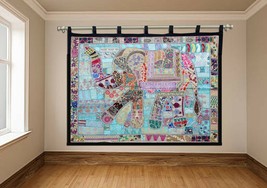 Elephant Wall Hanging Patchwork Big Tapestry Hand Embroidery Curtain Thr... - $162.26