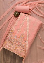 salwar kameez unstiched suit fabric with dupatta Peach Soft Silk Zariwork - £133.91 GBP