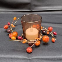 Glass Votive Candle Holder Autumn Fall Pumpkin Leaves with Flameless Tealight - £7.78 GBP