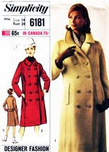 Misses Double Breasted Coat Vintage 1965 Simplicity Pattern 6181 Size 14... - £9.41 GBP