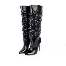 LeShion Of Chanmeb 12cm Thin High Stiletto Heels Pleated Boot Women Microfiber L - £78.69 GBP