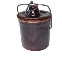 Brown Glazed Stoneware Cheese Crock Wire Bale Locking Top Farmhouse Decor - £16.04 GBP