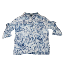 Blue Floral with Bird Button Down Blouse Cotton Shirt Short Sleeve Size ... - £14.11 GBP