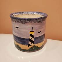 Vintage Spongeware Crock, Handpainted Nautical Coastal, Lighthouse Planter