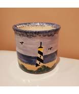 Vintage Spongeware Crock, Handpainted Nautical Coastal, Lighthouse Planter - £27.90 GBP