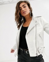 Stylish WhiteWomen&#39;s Genuine Lambskin Leather Jacket Handmade Long Sleeve Biker - £84.78 GBP