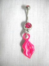SEXY HOT PINK LIPS LIPSTICK KISS CHARM on PINK 14G DOUBLE CZ BELLY RING ... - $4.99