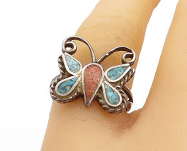 SOUTHWESTERN 925 Silver - Vintage Turquoise &amp; Coral Band Ring Sz 7.5 - RG4531 - £32.47 GBP