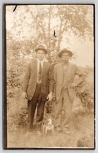 RPPC Two Gentleman With Adorable Puppy Dog In Forest Real Photo Postcard K25  - £6.25 GBP