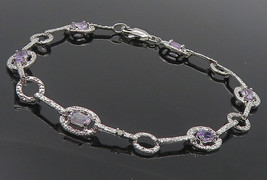 925 Sterling Silver - Shiny Amethyst &amp; Genuine Diamond Chain Bracelet - BT4617 - £43.09 GBP