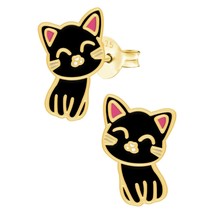 Gold Plated 925 Silver Stud Earrings with Black Cat Epoxy - £10.52 GBP