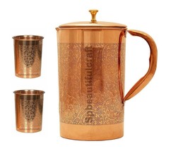 Handmade Copper Water Jug Embossed Pitcher With 2 Drinking Glass Health Benefits - £32.18 GBP