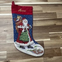 Vtg Needlepoint Christmas Stocking Monogram ANNE Santa Bag Toys Lillian ... - $17.09