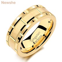 Mens Tungsten Carbide Ring 8mm Yellow GolBrick Pattern Brushed Bands For Him Wed - £36.98 GBP